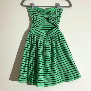Green and Navy Striped Strapless Dress with Bow On Back